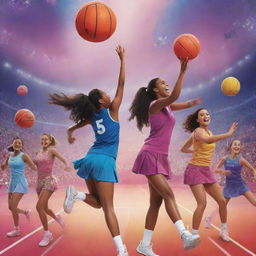 A vibrant Disney-themed netball poster with playful, colorful characters participating in a netball game in a fantastical setting.