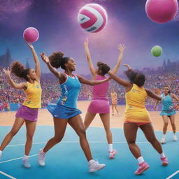 A vibrant Disney-themed netball poster with playful, colorful characters participating in a netball game in a fantastical setting.