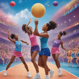 A vibrant Disney-themed netball poster with playful, colorful characters participating in a netball game in a fantastical setting.