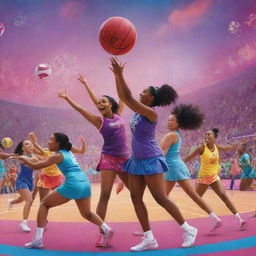 A vibrant Disney-themed netball poster with playful, colorful characters participating in a netball game in a fantastical setting.