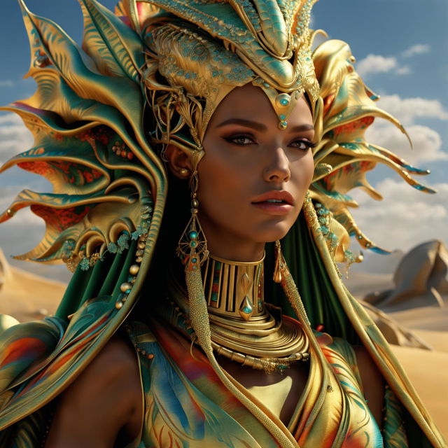 Hyper-realistic 3D photograph of an opulent Egyptian alien queen in rococo attire against a desert backdrop. Close-up shot capturing vibrant colours and intricate details with a cinematic quality.