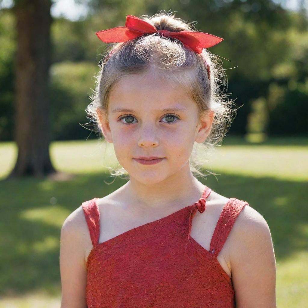 A simple portrait of a young girl with sparkling eyes, wearing a red summer dress, hair tied up in ribbons, standing against a sunny, natural backdrop.