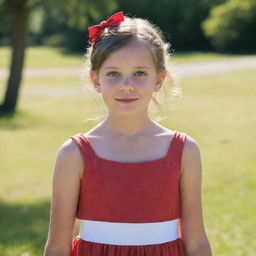 A simple portrait of a young girl with sparkling eyes, wearing a red summer dress, hair tied up in ribbons, standing against a sunny, natural backdrop.