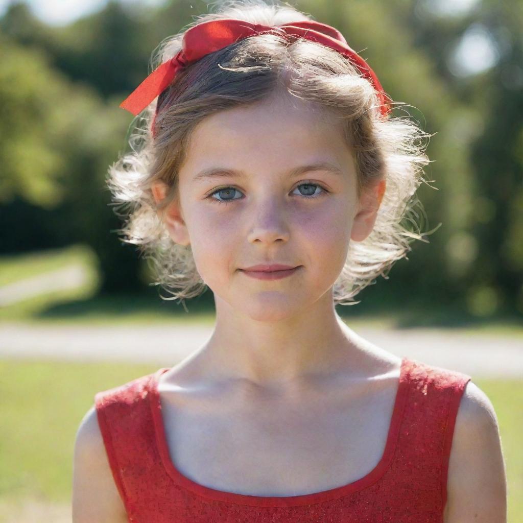 A simple portrait of a young girl with sparkling eyes, wearing a red summer dress, hair tied up in ribbons, standing against a sunny, natural backdrop.