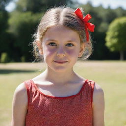 A simple portrait of a young girl with sparkling eyes, wearing a red summer dress, hair tied up in ribbons, standing against a sunny, natural backdrop.