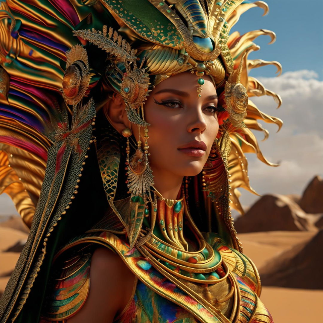 Hyper-realistic 3D photograph of an opulent Egyptian alien queen in rococo attire against a desert backdrop. Close-up shot capturing vibrant colours and intricate details with a cinematic quality.