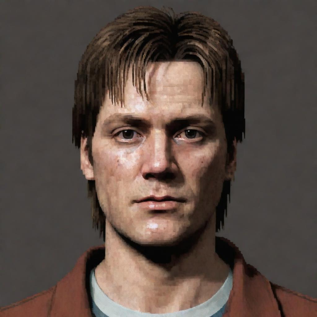 Enhance the pixel art profile picture to make it look more like James Sunderland from Silent Hill, featuring his distinctive features with greater accuracy.