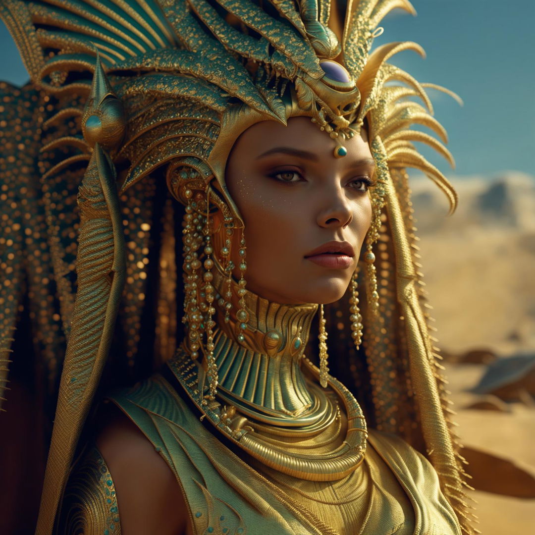 Hyper-realistic 3D photograph of an opulent Egyptian alien queen in rococo attire against a desert backdrop. Close-up shot capturing vibrant colours and intricate details with a cinematic quality.