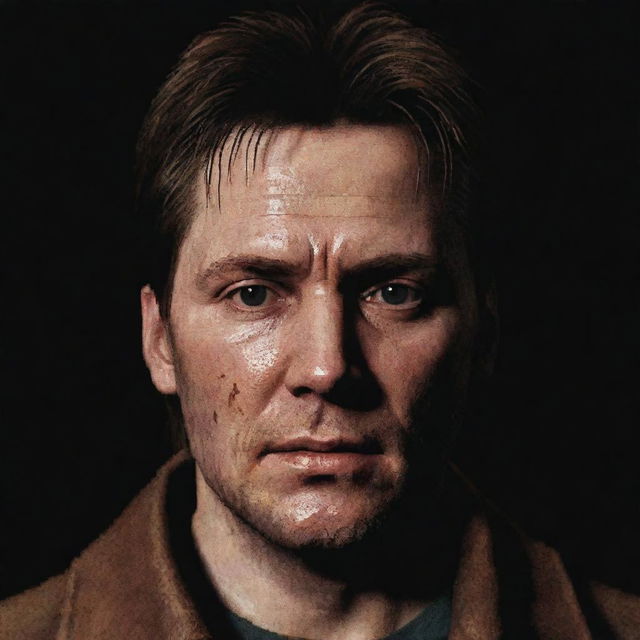 Convert the updated picture of James Sunderland from Silent Hill into pixel art, making the face somewhat blurred for an atmospheric effect.