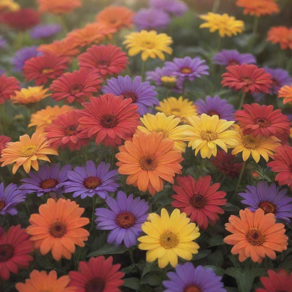 A vibrant array of exquisite flowers bursting with colors, basking under the soft glow of sunlight.