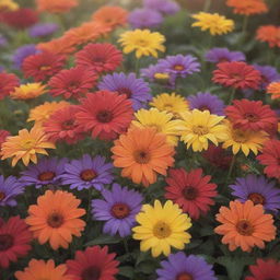 A vibrant array of exquisite flowers bursting with colors, basking under the soft glow of sunlight.