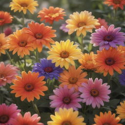 A vibrant array of exquisite flowers bursting with colors, basking under the soft glow of sunlight.