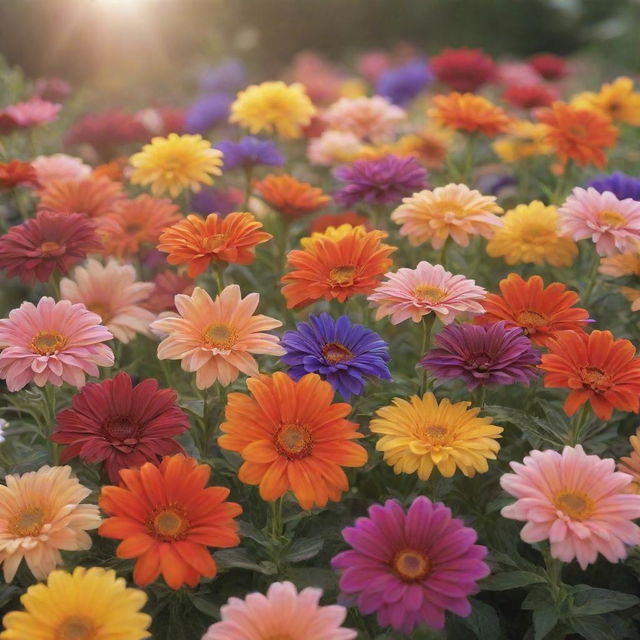 A vibrant array of exquisite flowers bursting with colors, basking under the soft glow of sunlight.