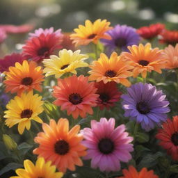 A vibrant array of exquisite flowers bursting with colors, basking under the soft glow of sunlight.