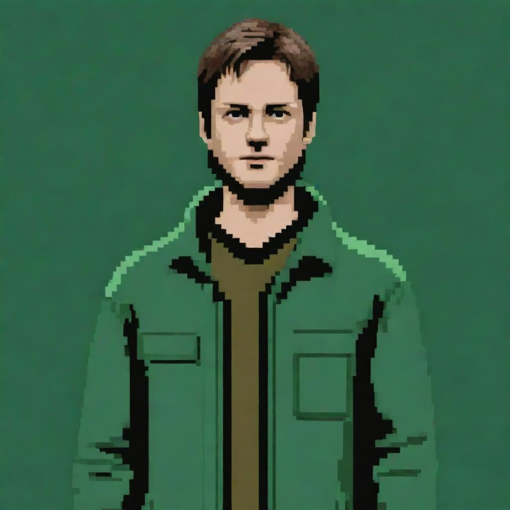 James Sunderland from Silent Hill series in pixel art format, wearing a green jacket