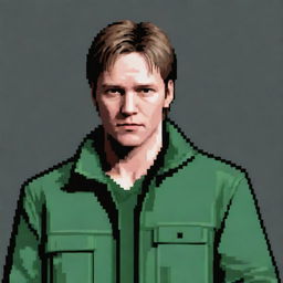 James Sunderland from Silent Hill series in pixel art format, wearing a green jacket