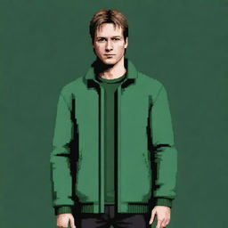 James Sunderland from Silent Hill series in pixel art format, wearing a green jacket