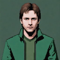 James Sunderland from Silent Hill series in pixel art format, wearing a green jacket