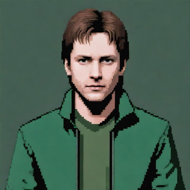 James Sunderland from Silent Hill series in pixel art format, wearing a green jacket