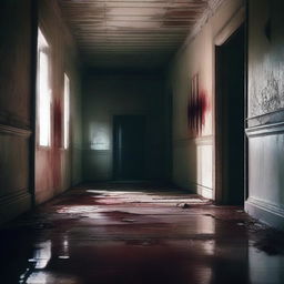 A high-quality digital art image depicting a terrifying scene inside an abandoned asylum