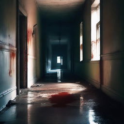 A high-quality digital art image depicting a terrifying scene inside an abandoned asylum