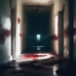 A high-quality digital art image depicting a terrifying scene inside an abandoned asylum