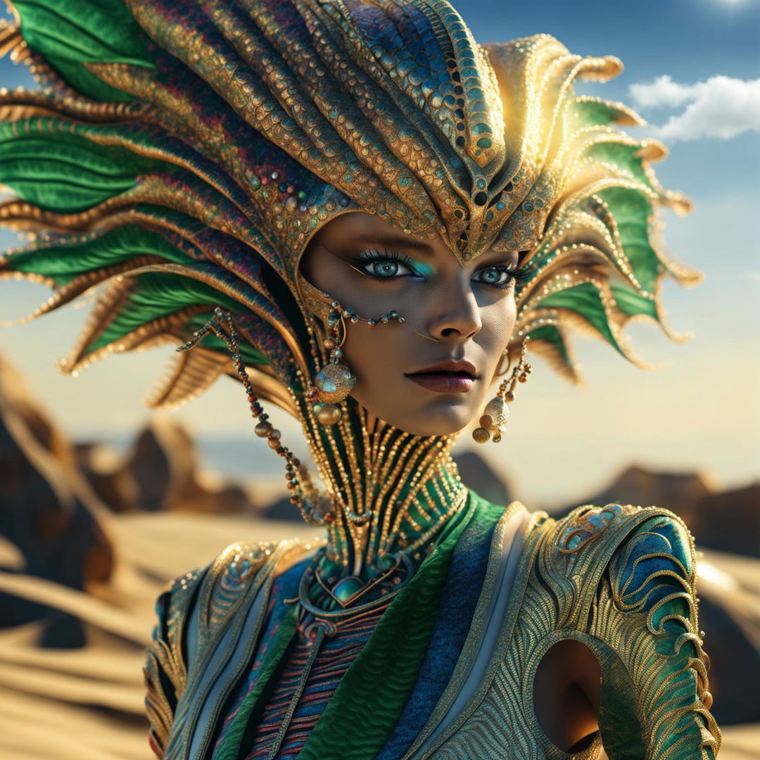 Hyper-realistic 3D photograph of an opulent Egyptian alien in rococo attire against a desert backdrop. Close-up shot capturing vibrant colours and intricate details with a cinematic quality.