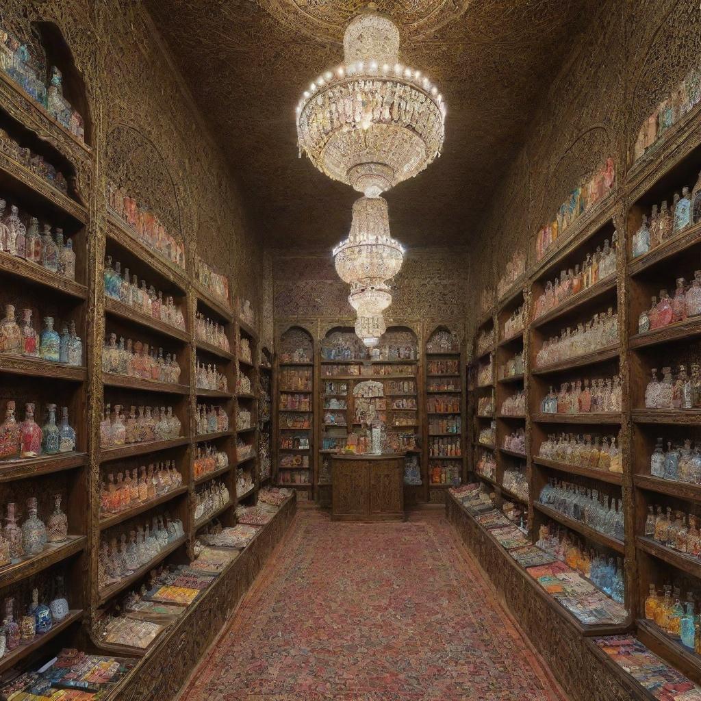 An ornate Islamic bookstore featuring elegant shelves lined with colorful Ittar (perfume) bottles and other fancy merchandise.