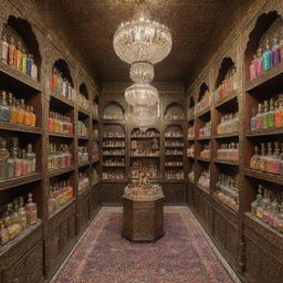 An ornate Islamic bookstore featuring elegant shelves lined with colorful Ittar (perfume) bottles and other fancy merchandise.