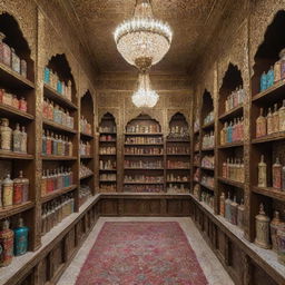 An ornate Islamic bookstore featuring elegant shelves lined with colorful Ittar (perfume) bottles and other fancy merchandise.