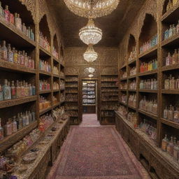 An ornate Islamic bookstore featuring elegant shelves lined with colorful Ittar (perfume) bottles and other fancy merchandise.