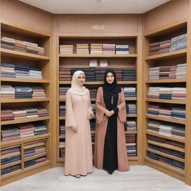 A modest Islamic fashion shop, boasting a collection of beautifully-designed Hijabs arranged attractively alongside stacks of richly-bound Islamic books.