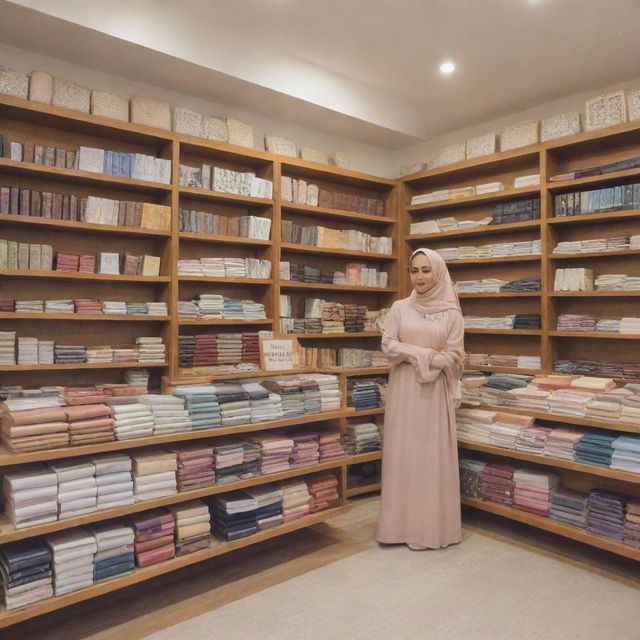 A modest Islamic fashion shop, boasting a collection of beautifully-designed Hijabs arranged attractively alongside stacks of richly-bound Islamic books.