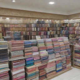 An Islamic merchandise store displaying an array of sophisticated Hijabs and Islamic books without any human figures present.