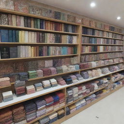 An Islamic merchandise store displaying an array of sophisticated Hijabs and Islamic books without any human figures present.