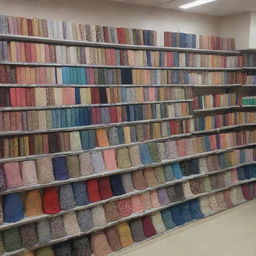 An Islamic merchandise store displaying an array of sophisticated Hijabs and Islamic books without any human figures present.