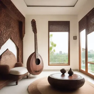 The modern minimalist living room was adorned with an intricately carved sitar as a unique design element.