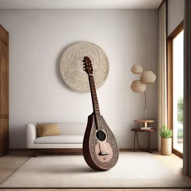 The modern minimalist living room was adorned with an intricately carved sitar as a unique design element.