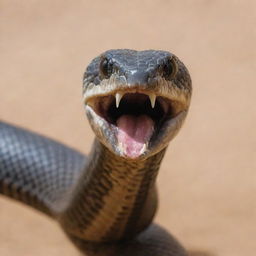 A highly dangerous cobra in mid-action, spewing venom with intimidating ferocity.