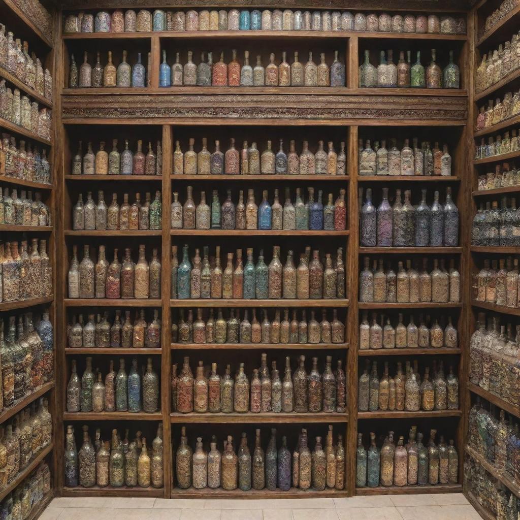 A traditional Islamic store, showing off a wide selection of Ittar bottles, elegantly designed Hijabs and richly-bound Islamic books, with no human figures in sight.