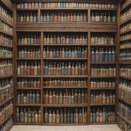 A traditional Islamic store, showing off a wide selection of Ittar bottles, elegantly designed Hijabs and richly-bound Islamic books, with no human figures in sight.