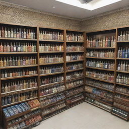 A traditional Islamic store, showing off a wide selection of Ittar bottles, elegantly designed Hijabs and richly-bound Islamic books, with no human figures in sight.