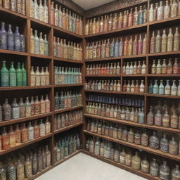 A traditional Islamic store, showing off a wide selection of Ittar bottles, elegantly designed Hijabs and richly-bound Islamic books, with no human figures in sight.