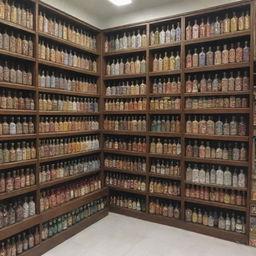 A traditional Islamic store, showing off a wide selection of Ittar bottles, elegantly designed Hijabs and richly-bound Islamic books, with no human figures in sight.