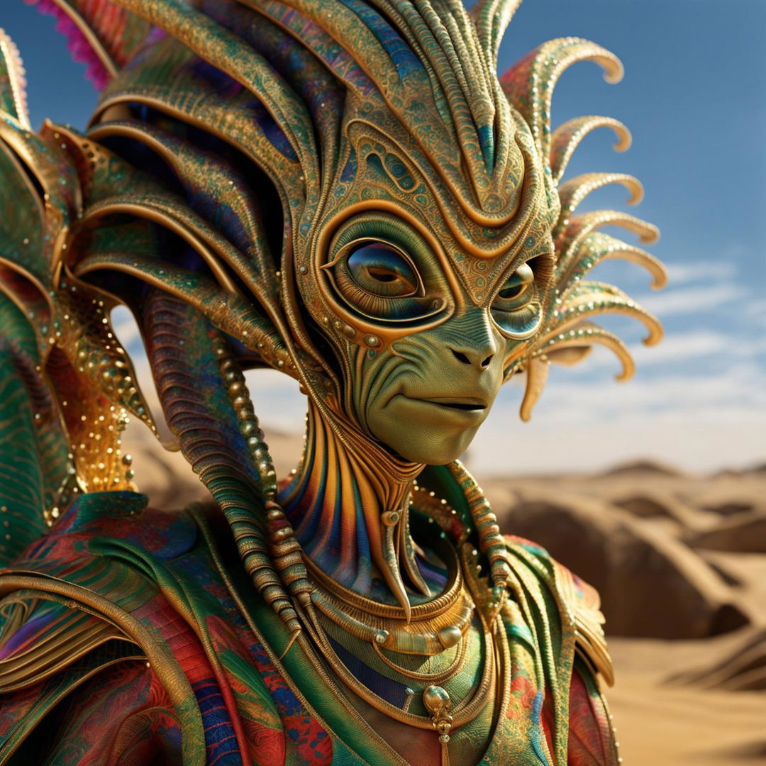 Hyper-realistic 3D photograph of an opulent Egyptian alien in rococo attire against a desert backdrop. Close-up shot capturing vibrant colours and intricate details with a cinematic quality.