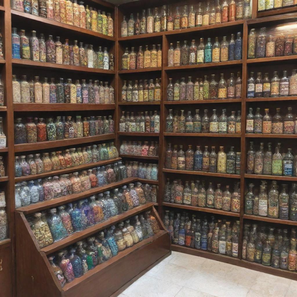 A quaint, small-scale Islamic store with a collection of Ittar bottles, beautifully designed Hijabs, and richly-bound Islamic books, devoid of any human figures.