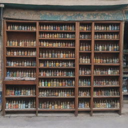 A quaint, small-scale Islamic store with a collection of Ittar bottles, beautifully designed Hijabs, and richly-bound Islamic books, devoid of any human figures.