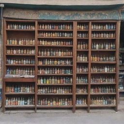 A quaint, small-scale Islamic store with a collection of Ittar bottles, beautifully designed Hijabs, and richly-bound Islamic books, devoid of any human figures.