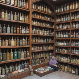 A quaint, small-scale Islamic store with a collection of Ittar bottles, beautifully designed Hijabs, and richly-bound Islamic books, devoid of any human figures.