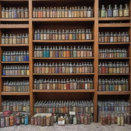 A quaint, small-scale Islamic store with a collection of Ittar bottles, beautifully designed Hijabs, and richly-bound Islamic books, devoid of any human figures.